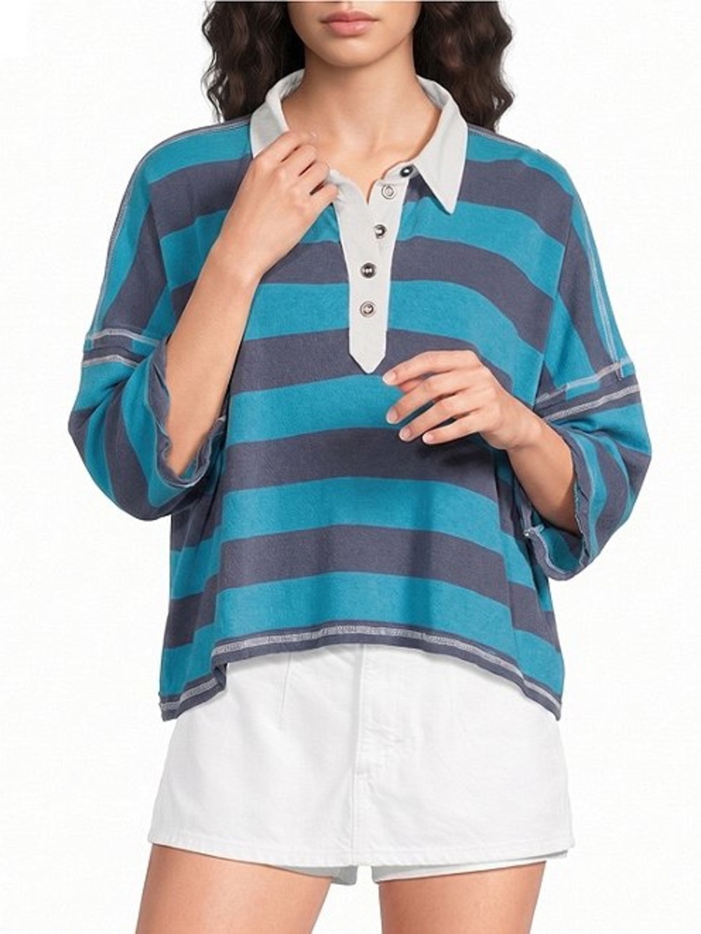 Free People 100% Cotton Teal & Navy Striped Relaxed Rugby Polo